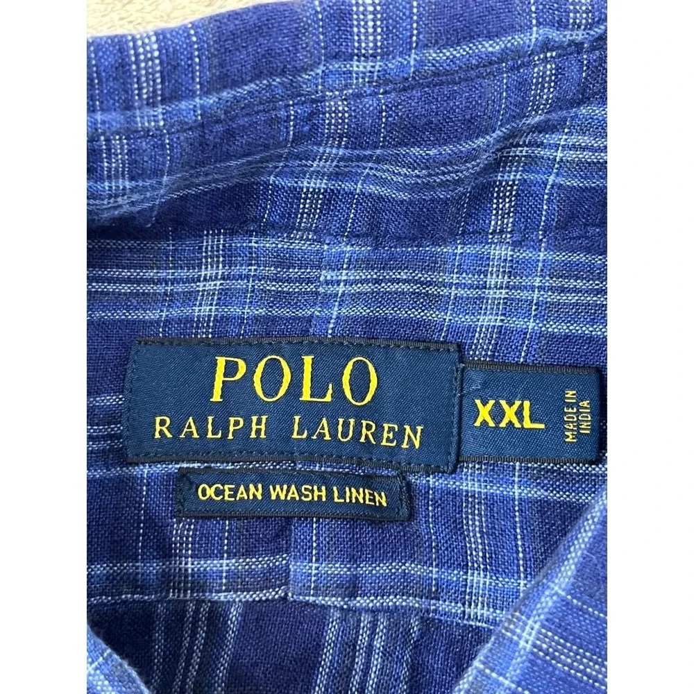 Polo Ralph Lauren Ocean Wash Linen Shirt Men's 2XL Blue Plaid Button Up L/S EUC
